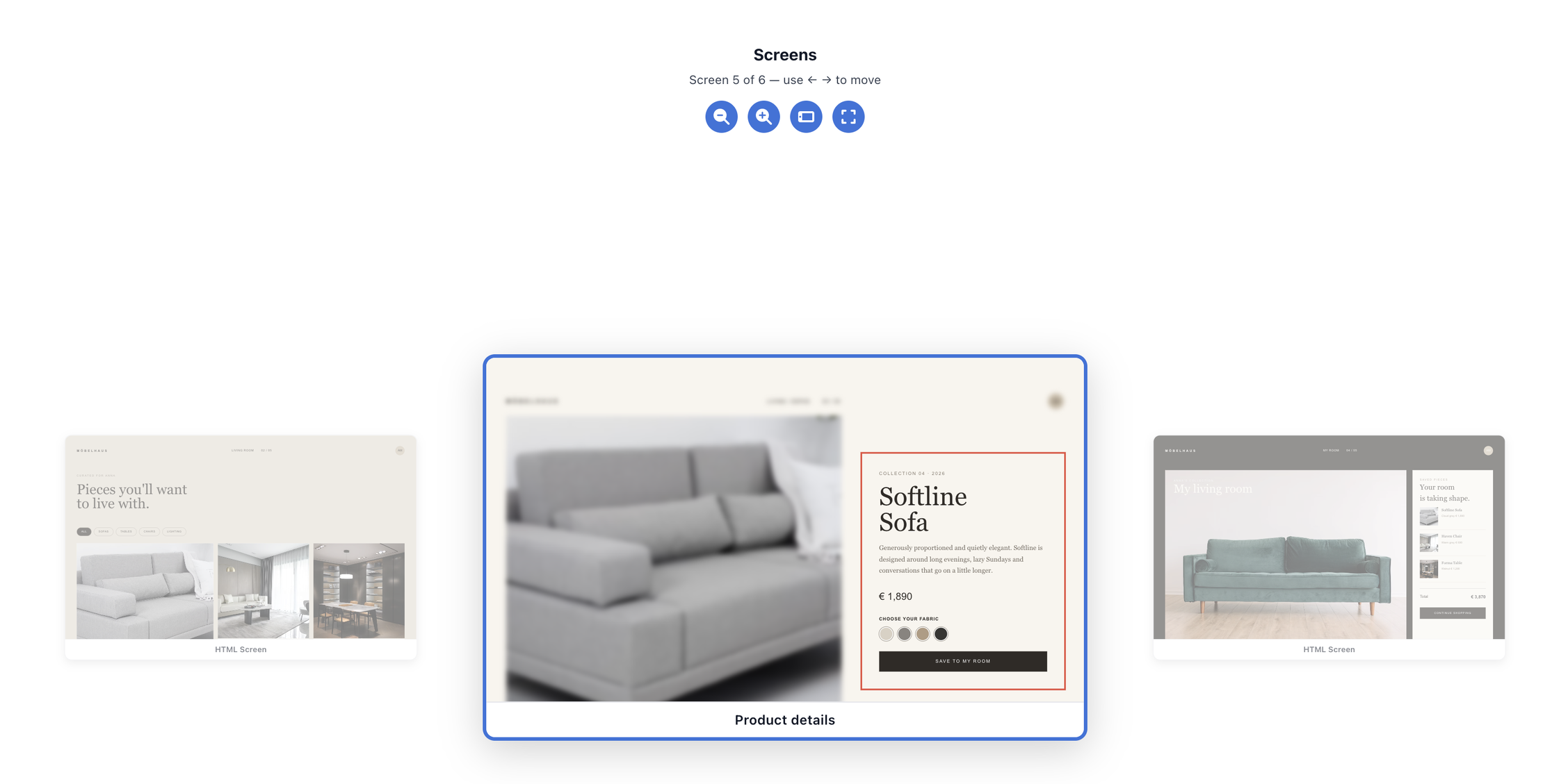 Multiple HTML Screens in an Event Model, showing a product list, a highlighted product detail page, and a room summary screen