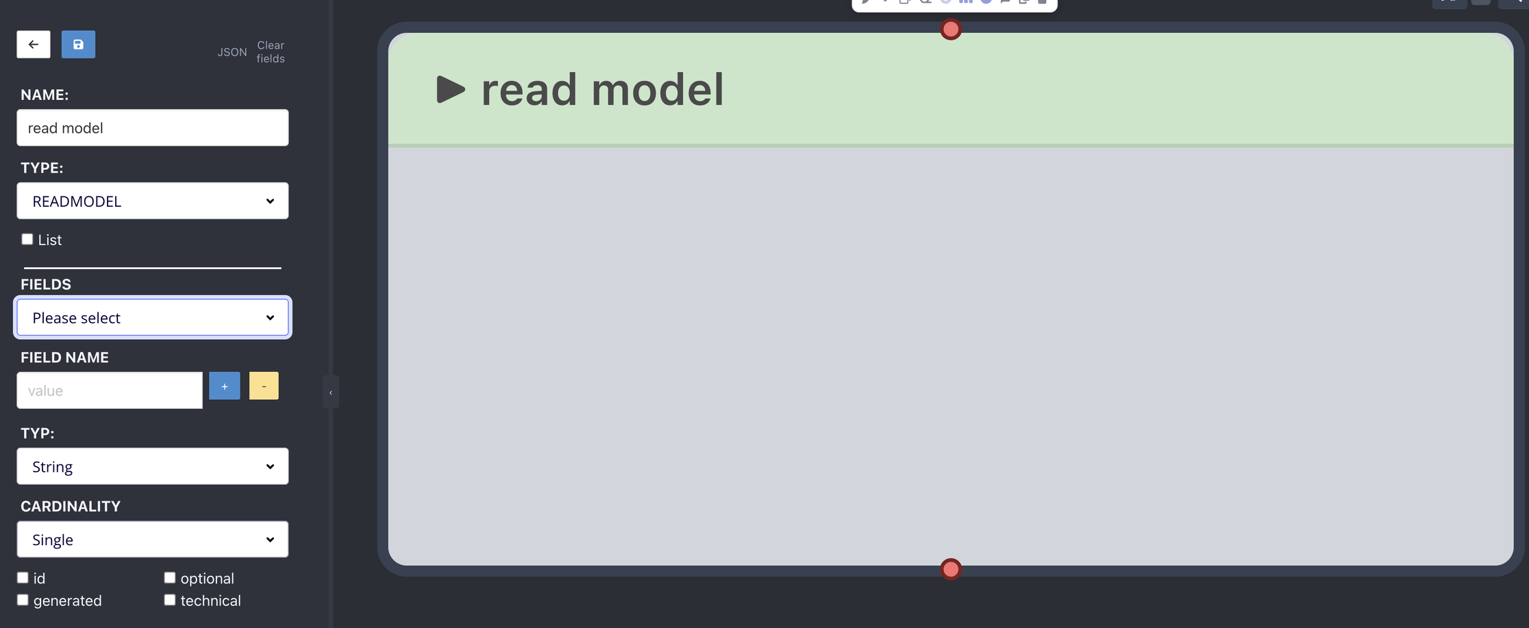 Eventmodelers UI panel for defining a read model field with id, optional, generated, and technical flags