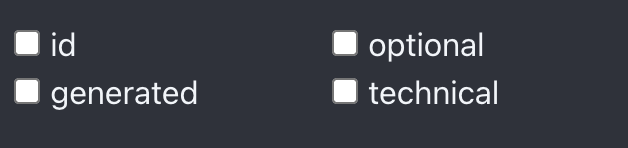 Close-up of the id, optional, generated, and technical attribute checkboxes