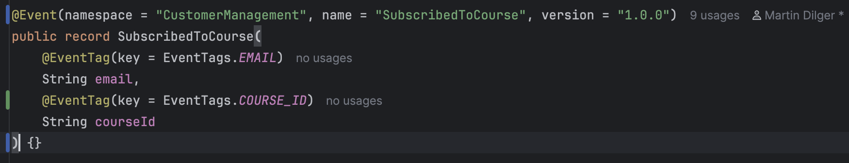 Final generated SubscribedToCourse event record with EventTag annotations for email and courseId