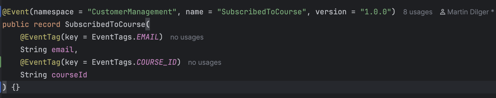 SubscribedToCourse event annotated with EventTag for email and course ID