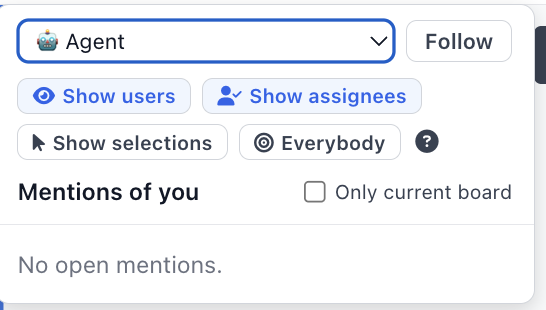 Board collaboration controls showing an Agent, Follow, Show users, Show assignees and Mentions of you