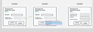 Three wireframe screens shown one after the other with no commands or events