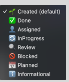 Slice status dropdown showing Created, Done, Assigned, InProgress, Review, Blocked, Planned, and Informational